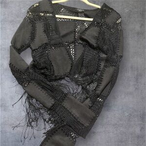 Vintage Unique Black Crochet faux leather fringe  Western Cardigan